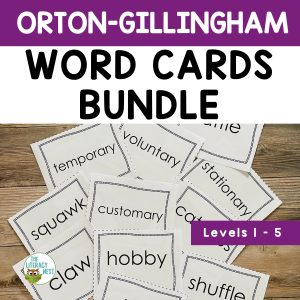 This image features sample word cards from the Decodable Words for Orton-Gillingham Lessons Bundle Levels 1-5.