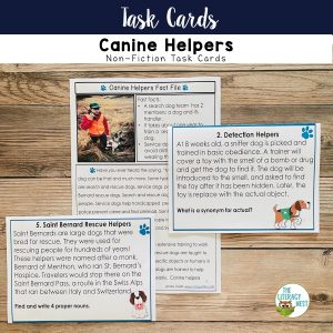 This image features sample pages from the Nonfiction Task Cards: Search and Rescue Dogs product.