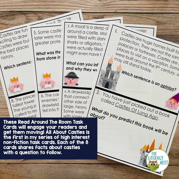 This image features sample pages from the Task Cards: Castles - Read Around the Room Nonfiction Literacy Activity product.