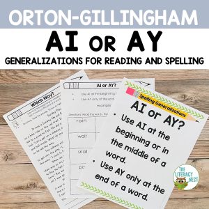 This featured image has three sample pages from the AI and AY Spelling Rules product.