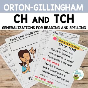 This image features sample pages from the CH and TCH spelling rules product.