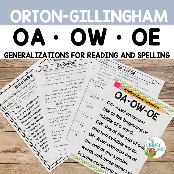 This featured image has four sample pages from the OA OW OE Spelling Rules product.