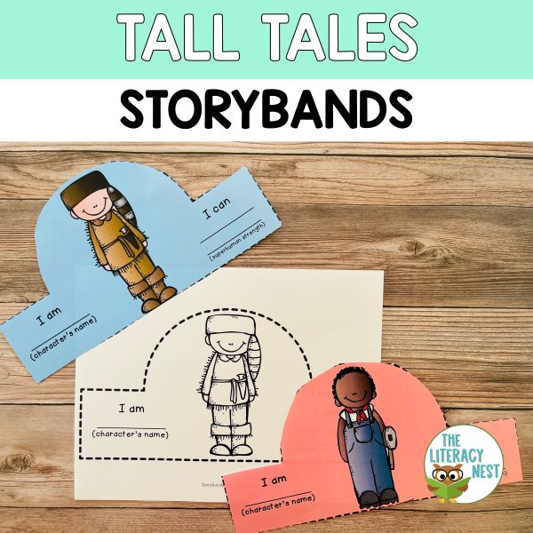 This image features sample pages from the Tall Tales Genre Study storybands.