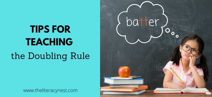 This is the featured image for a blog post about the doubling rule. It features the title of the blog post and child thinking about how to spell batter.
