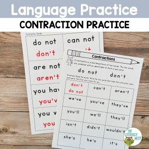 This image features sample pages from the Contractions Practice and Games.