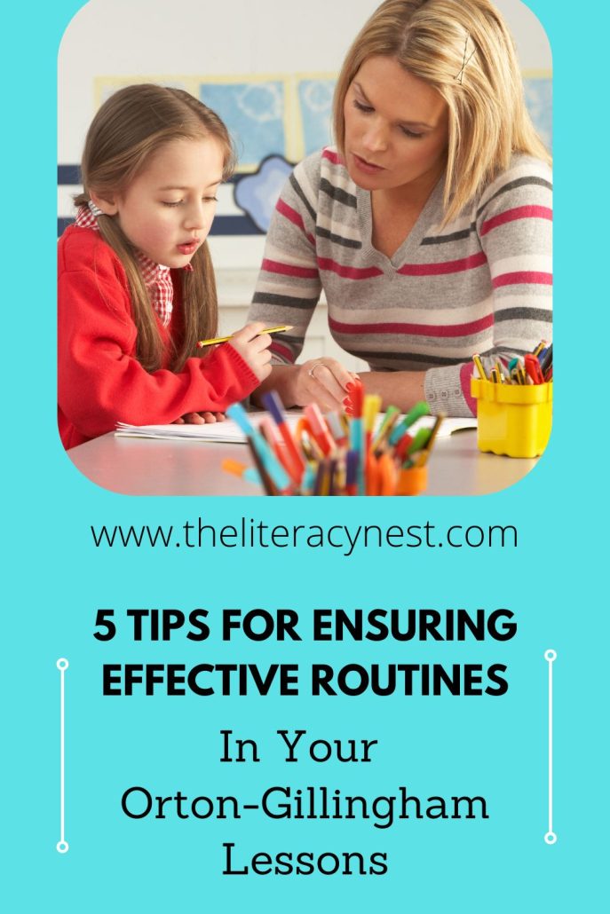 This is the featured image for a blog post about routines in Orton-Gillingham lessons. The blog post title is on one side and on the other side there is an image of a tutor working with a young child. 