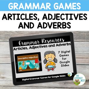 This image features a sample of the Parts of Speech Games for Articles, Adverbs and Adjectives product.