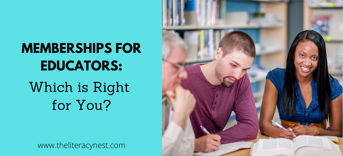 This is the featured image for a blog post about memberships for educators. On one side, there is the title of the blog post, on the other side, three teachers work together. 