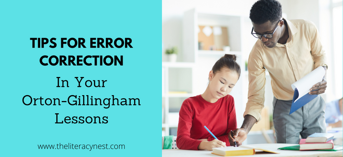 This is the featured image for a blog post about error correction in Orton-Gillingham lessons. The title of the blog post is featured to the left of the image and there is an image of  a teacher correcting a student. 