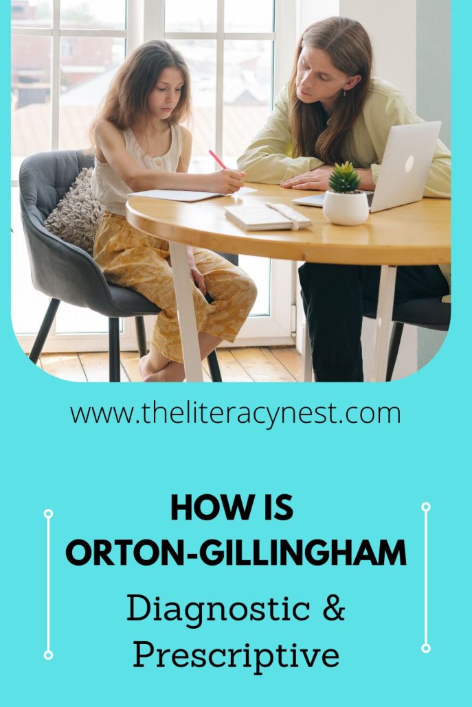 This is a pinnable image for a blog post about Orton-Gillingham lessons being diagnostic and prescriptive. On the bottom, the name of the blog post, on the top there as an image of a female tutor working with a female student.