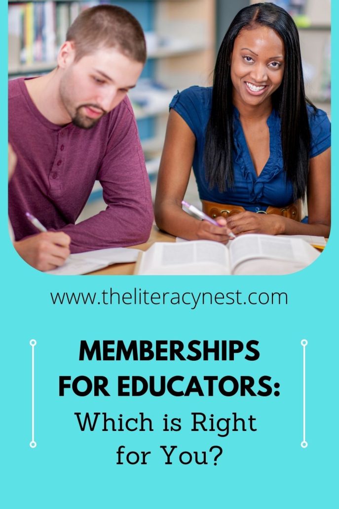 This is a pinnable image for a blog post about memberships for educators. On the bottom, there is the title of the blog post, on the top, three teachers work together. 