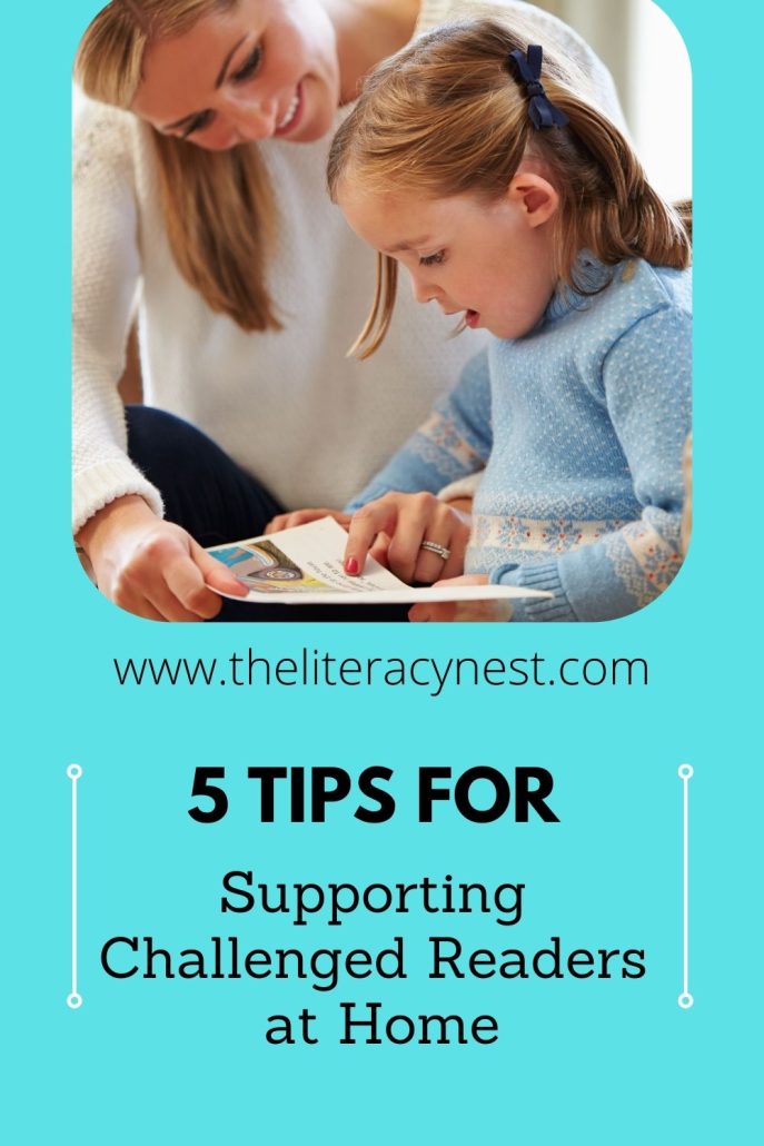 This is a pinnable image for a post about Supporting Challenged Readers at home. On the bottom, you can read the title of the blog post. On the top, there is a picture of a mother reading with her young daughter. 