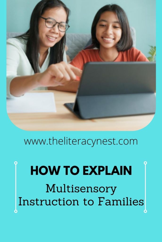 This is the pinnable image for a blog post, How to Explain Multisensory Instruction to Families. There is a picture on the top of a tutor working with a student on a tablet. On the bottom, there is the blog post title. 