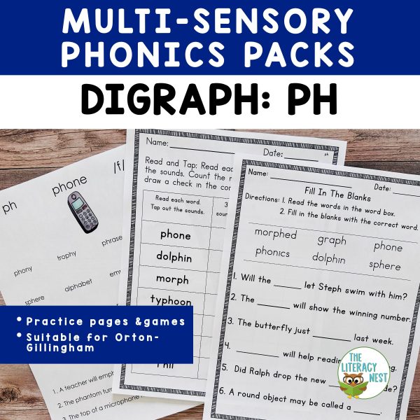 This phonics pack has Digraph PH worksheets to use in a multisensory approach to teach the digraph PH for Orton-Gillingham instruction.