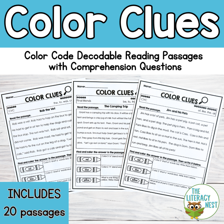 Color Code Decodable Reading Passages with Comprehension Questions