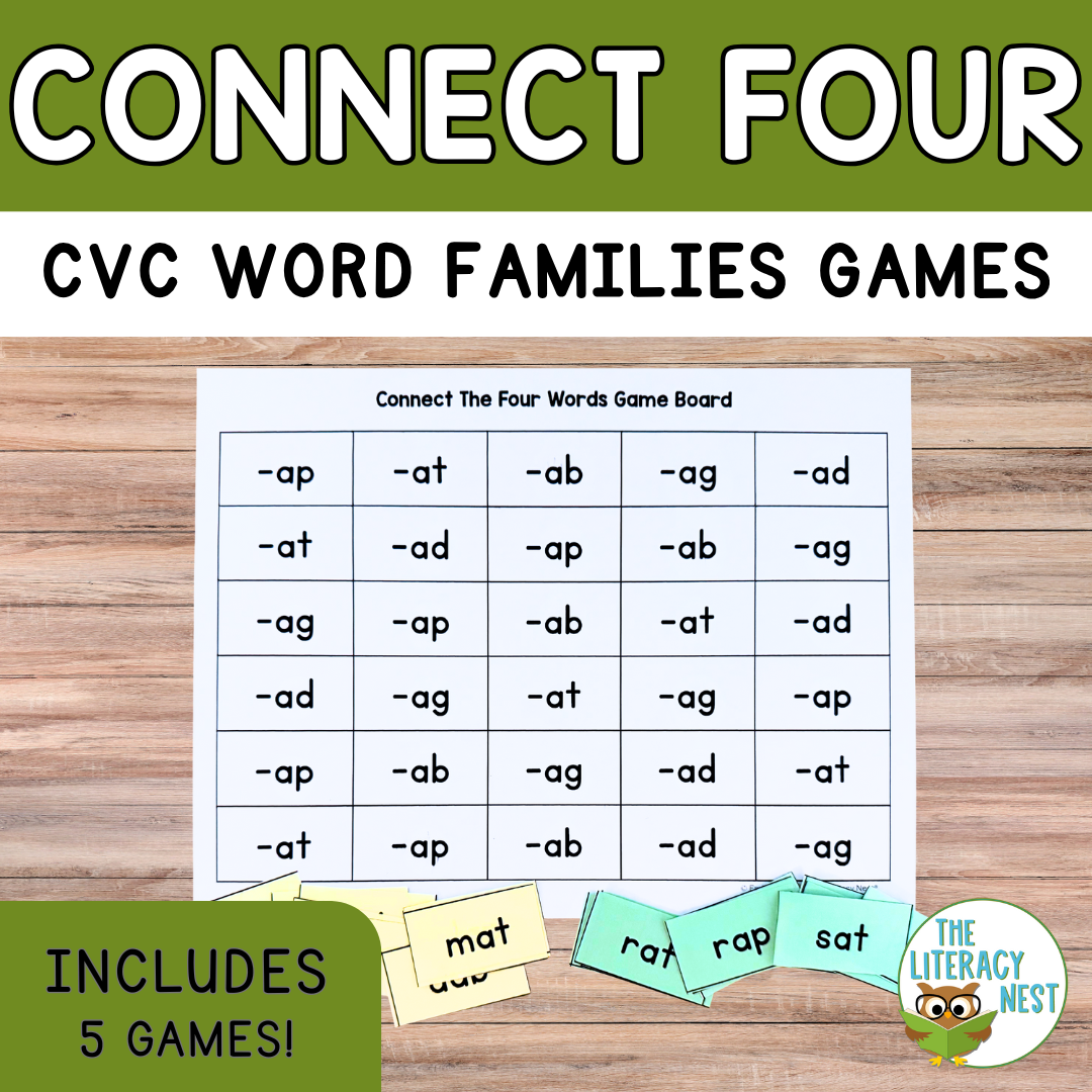 CVC Word Family Games for Short Vowels, Four-in-a-Row Phonics Activities
