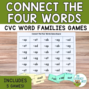 CVC Word Family Games for Short Vowels, Four-in-a-Row Phonics Activities