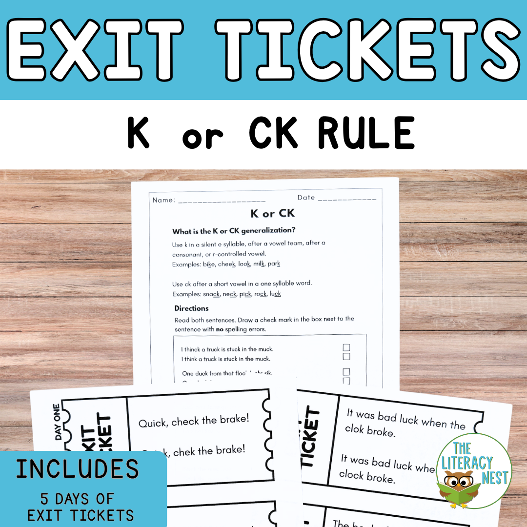 K or CK Exit Tickets Spelling Rule Practice for Structured Literacy